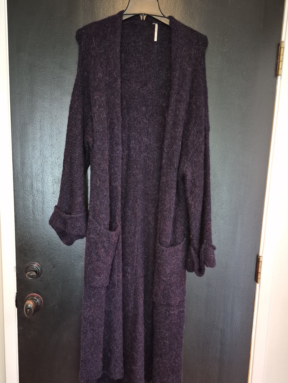 Free People Fuzzy Open-Front Long Cardigan in Plum